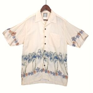 Vtg Aca Joe Rayon Palm Tree Hawaiian Camp Shirt Mens M Cream Tropical 90s Retro